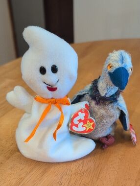 TY Plush White Ghost with Orange Ribbon - Collectible Beanie Buddies